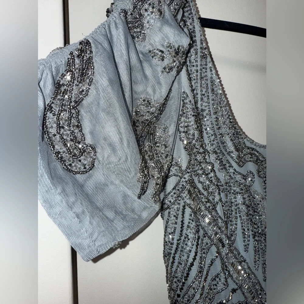 NWT |Mac Duggal A5434 Silver Short Sleeve Beaded A-line Tea Length Dress Size 10 - Picture 11 of 16